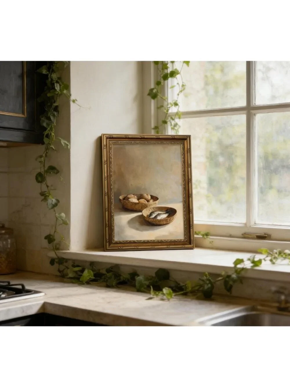 Rustic Vintage Gold Framed Still Life Canvas Art - Bread & Fish Wall Decor 12x16